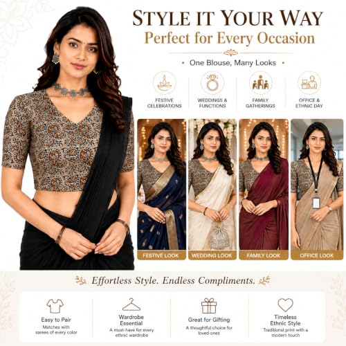 Image of Mogsa Women's Kalamkari Print Cotton Stretchable V-Neck Readymade Saree Blouse | Soft Cotton Blend | Stretch Fabric | Ready-to-Wear