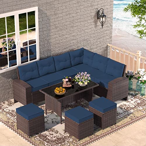Rtdtd Outdoor Patio Furniture Set,7 Pieces Outdoor Sectional Dining Set,All Weather Pe Rattan Patio Dining Furniture Set,High-Back Outdoor Furniture With High Table&Ottoman,Dark Blue #TOP15