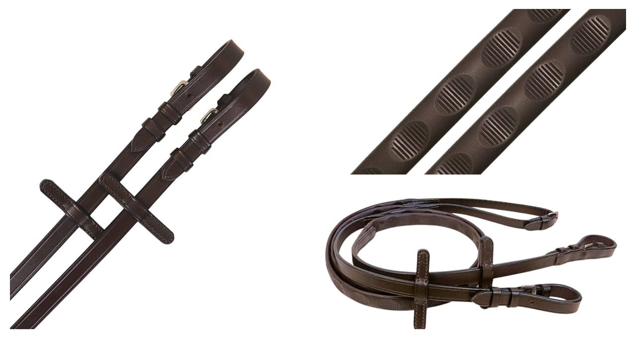 Premium European Leather Rubber Grip Reins for Horse Bridles, Magna Thumb Grip English Style, Black and Brown (Brown, Full)