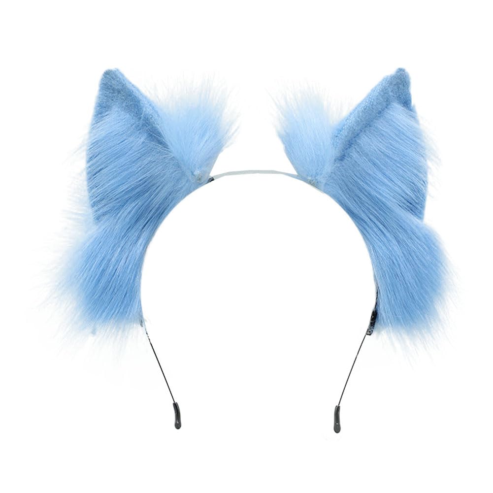 ILUFAM Furry Fox Wolf Cat Ears Headband Faux Fur Animal Ears Cosplay Party Costume Accessories Headwear (Blue)