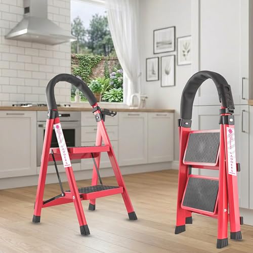 Image of Casa Copenhagen Red 2 Step Ladder for Home Use with Built-in Tool Tray | Heavy Duty D Shape Rods | Ultra Large Platform | Wide Rubber Feet | 150Kg Capacity Foldable Ladder - 7 Years Warranty