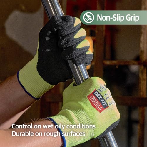 Image of DEX FIT Level A5 Fiberglass Free Cut Resistant Gloves CR533LS, 3D Comfort Fit, No Itch, Firm Grip, Soft & Durable, Touch-screen Compatible, Dexterity, Machine Washable; Fluo Green XL (10) 12 Pairs