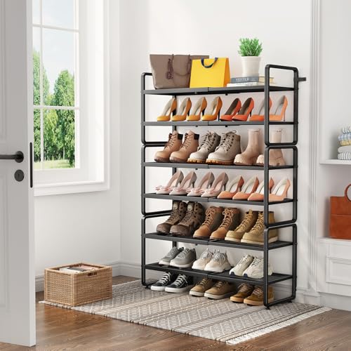 Image of SNTD Shoe Rack - Expandable Shoe Organizer for Closet, Adjustable Metal Shoe Shelf Storage, Stackable Long Shoe Stand Holder for Garage, Entryway, Door Entrance (Black, 6-Tier)