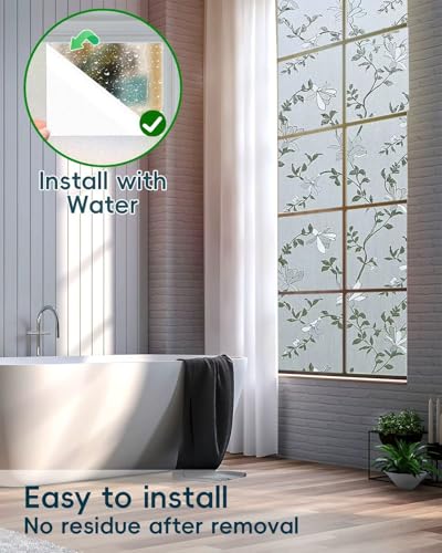 Image of Frosted Glass Window Film with Elegant Flower Design, Bathroom Window Privacy Film for Glass Windows Cover, Static Cling, Removable, Reusable, Anti-UV, Anti-Glare, 17.5 Inch * 78.74 Inch