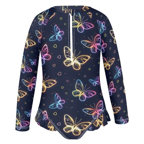 Beautiful Neon Flying Butterflies Girls One Piece Rash Guard Swimsuit, Girls Long Sleeve Swimwear for 3-12Y2