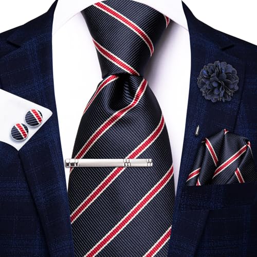 Image of Hi-Tie Navy and Red Striped Ties for Men Formal Necktie and Pocket Square Lapel Pin Silver Tie Clip Cufflinks Set Wedding Business 6PCS