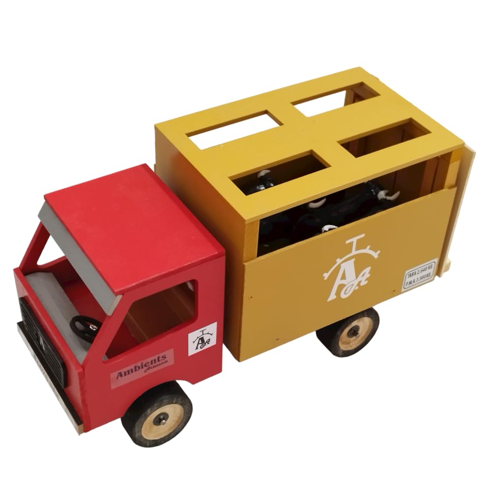 Camion de Toros de Juguete - Juguete Artesanal de Madera MDF con Rampa y 6 Toritos incluidos - Pintado a Mano - 30x13x19 cm - Ideal para niños y coleccionistas