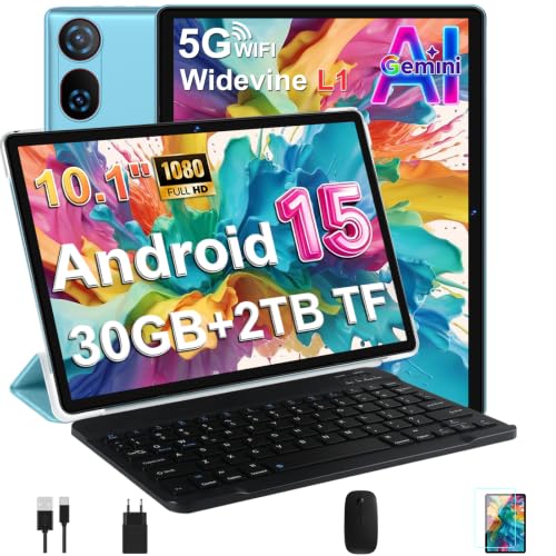 DMOAO Tablet 10 Pulgadas Android 15 con Gemini AI, 30 GB RAM + 2 TB ROM Expansión, 5G WiFi, GPS, Widevine L1, Octa-Core, BT 5.0, 6000mAh, USB-C, FHD Tablet con Teclado+ Ratón + Funda, Azul