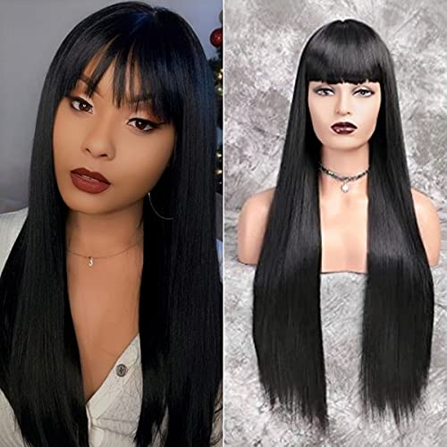 Nnzes Long Straight Wigs with Bangs for Women 30 Inch Natural Black Wig for Daily Party Wear Girl's Synthetic Heat Resistant Realistic Hair
