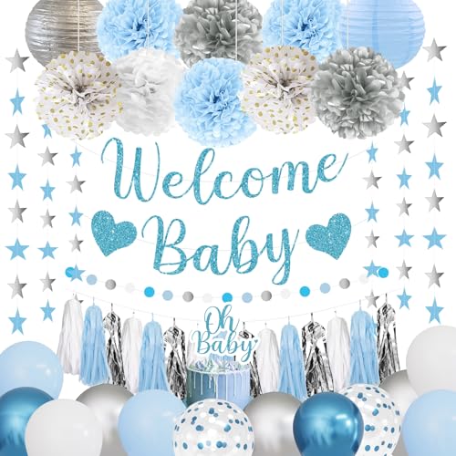 Image of Amandir Blue Boy Baby Shower Decorations Welcome Baby Banner, Cake Topper, Paper Lantern, Light Blue Balloons, Pom Poms Flowers Tassels, Circle Dots Star Garland, Gender Reveal Birthday Party Supplies