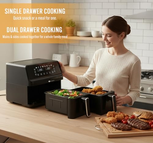9L Dual Air Fryer with Digital Display, Healthy Oil Free 2500W Air Fryer with 8 Preset, LED One Touch Screen, Timer & Adjustable Temperature Control (9L(4.5L+4.5L) - Image 5