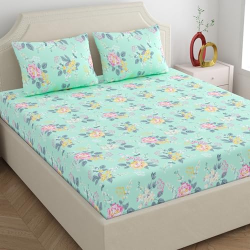 Image of Home Ecstasy 100% Cotton King Bedsheet with 2 Pillow Covers - (Size 108 x 108 inches, 140 TC, Colour - Seagreen: Sea Foam)
