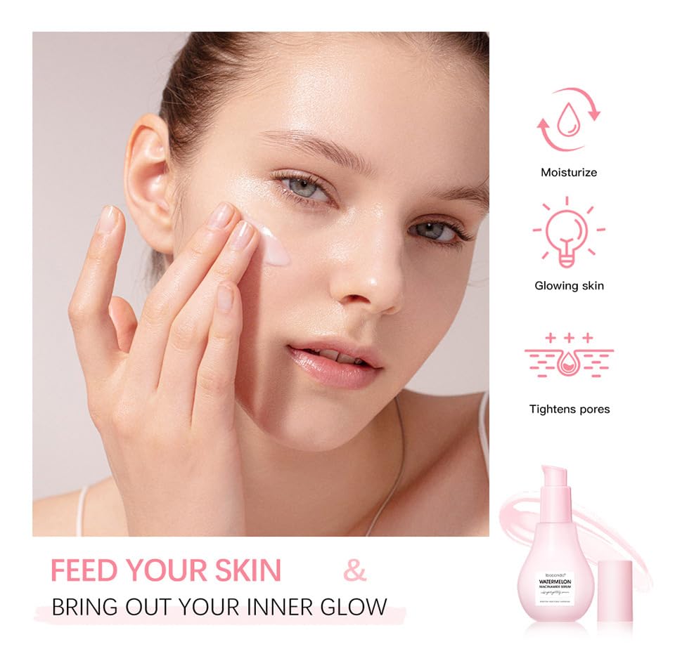 JISKG 2 Pcs Watermelon Niacinamide Moisturize Serum, Hydrating Lightweight Glow Face Priming Liquid Highlighter