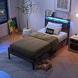 BOFENG Twin Bed Frame with Wood Headboard and USB Charging Station,Heavy Duty Metal Platform Single LED Bed Frame Twin Size with Storage No Box Spring Needed,Strong Steel Slats,Noise Free,Rustic Grey