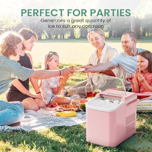 Image of NEWBULIG Ice Makers Countertop with Handle, Portable Ice Machine, 9 Bullet Ice Cubes in 6 Mins, 26lbs in 24Hrs, Auto-Cleaning, with Basket and Scoop, for Home, Kitchen, RV, Camping,Light Pink