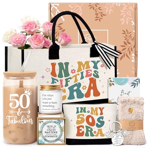 50th Birthday Gifts for Her, 50 Year Old Fabulous Gifts for Women, Unique 50th Happy Birthday Ideas with Canvas Tote Bag Glass Cup Candle, Perfect for Mom Sister Friend Wife Daughter Coworker
