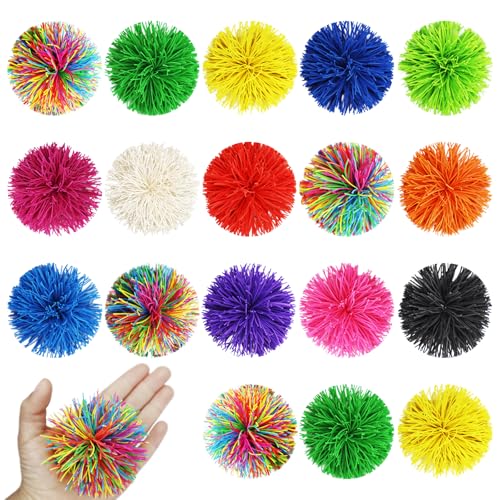 20 Pack Multicolor Sensory Fidget Stringy Balls - Soft Rubber Stringy Toys Stretch Elastic Stress Balls Rainbow Pom Bouncy Party Favors & Stocking Stuffers