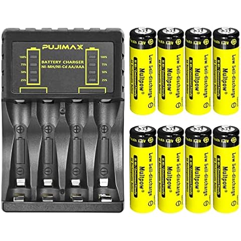 Battery Charger, 4 Slot Universal Battery Charger, AA AAA Charger for NI-MH NI-CD AA AAA Batteries, USB Type C Input Quick Charger (with 8AA Battery) Cover