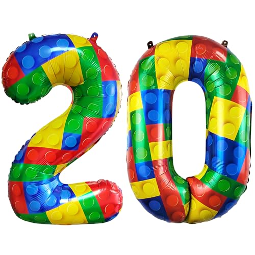 Image of 32 Inch Building Block Number 20 Balloons birthday Block Themed Large Big Helium Foil Mylar Balloon for Girls Boys Birthday Party Decoration Supplies