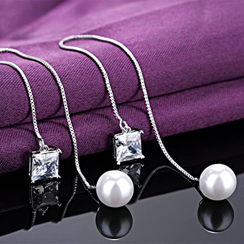 BG&WLing Pearl Sterling Silver Threader Earrings for Women Hypoallergenic White Green Square Rhinestone Crystal Long Tassel Earrings Dangling Fashion Jewelry4