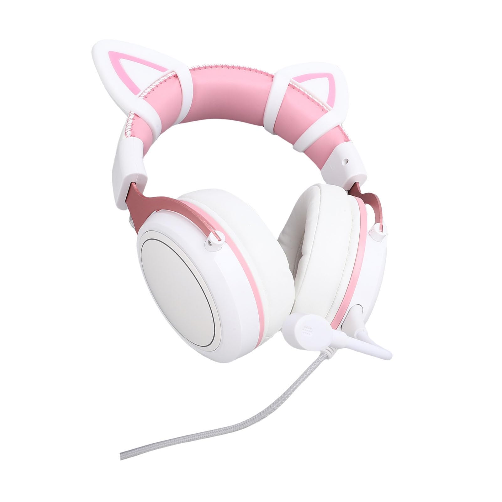 Denash Affio Leggera da Gioco di Gioco per PC, Riduzione del Rumore Sulle Cuffie per le Orecchie con Microfono, Luminoso RGB, Ad Alta Definizione, Esperienza Immersiva (Pink bianco con orecchie di