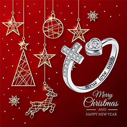 APOTIE 925 Sterling Silver Cross Ring - True Love Wait Purity Ring Cubic Zirconia Adjustable Ring Jewelry Gift for Women3