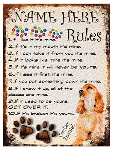 Shawprint Personalised Pet name Cocker Spaniel Theme My dog's Rules Retro Metal Sign (66PER)