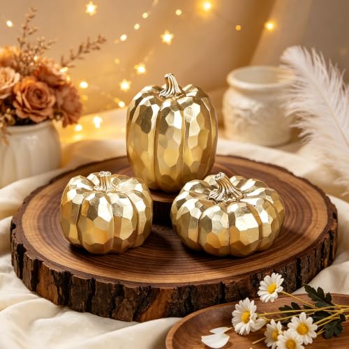 Image of winemana 3 Pack Gold Pumpkins Fall Decorations for Home | Resin, Thanksgiving Decor, Artificial Decorative Pumpkin, For Office Table Mantel Indoor Fireplace Autumn