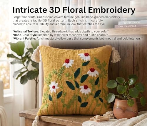Image of Furnistitchs Handmade Cotton Bohemian Home Decor Cushion Cover 24x24 inches / 60x60 cms - Boho Chic Couch Sofa Throw Living Room Bedroom Cushions (2, Yellow Floral Cuts)