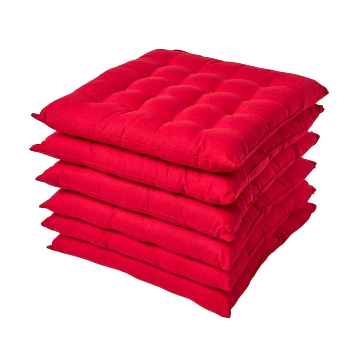 Homescapes Red Set Of 6 Luxury 100% Cotton Seat Pad With Button Straps, 40 X 40 Cm, Oeko-Tex Certified, For Dining & Garden, Plain