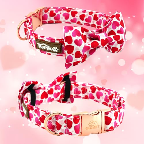 Image of Tunkoo Valentine's Day Dog Collar with Bow Tie - Adjustable and Adorable Pet Collar - Red Hearts with Rose Gold Buckle for Large Medium Small Dog Walking, S