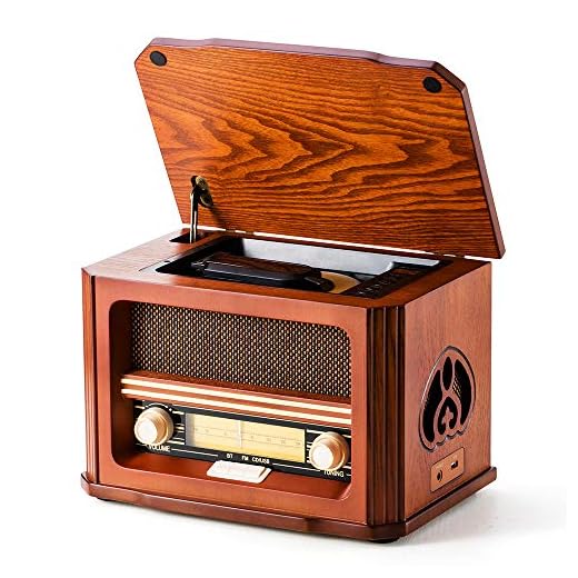 Shuman 7 y 1 Retro Madera Radio con FM, Reproductor de CD / MP3, Reproducción Bluetooth, Reproducción USB, Conector para Auriculares, Altavoz Incorporado,Regalo del Día del Padre (MC-267)