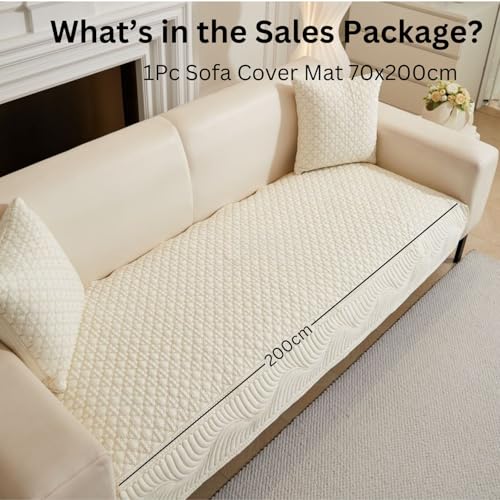 Image of HOMETHREADS Premium Cotton Sofa Cover Mat with PVC Backing for Non-Slip Comfort (Cream, 4 Seater Small | 70x200cm)