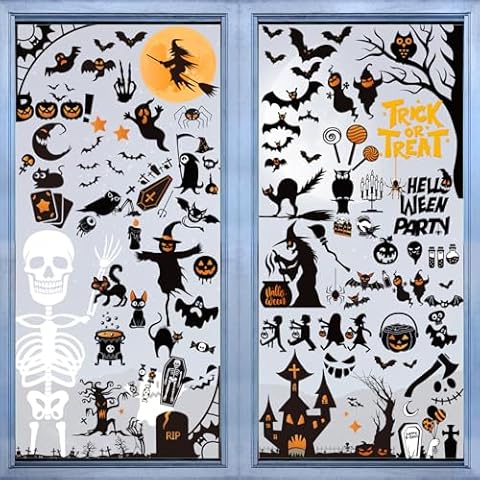 hapray Halloween Window Stickers, 10 Sheets 150+PCS Halloween Skeleton Bats Ghosts Window Clings Party Decoration, Decals for Glass Windom Indoor and Outdoor Home Decor Cover