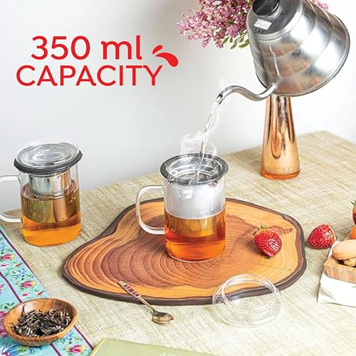 Image of Sipologie Inspire Tea Infuser Mug - Ideal for Brewing Loose-Leaf Tea - Premium Clear Borosilicate Glass Mug with Fine Mesh Stainless Steel Infuser and Dual-Purpose Glass Lid, 350ml