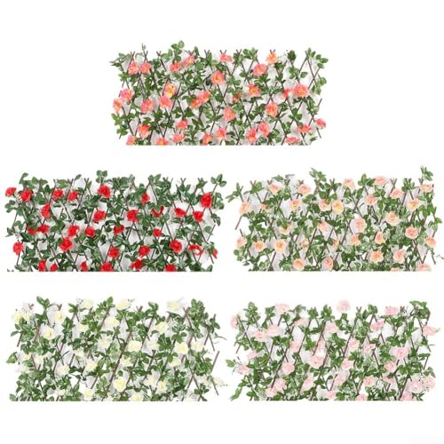 Treillis artificiel avec fleurs et feuilles artificielles, clôture de jardin, brise-vue décoratif, clôture télescopique en bois pour balcon extérieur (blanc)