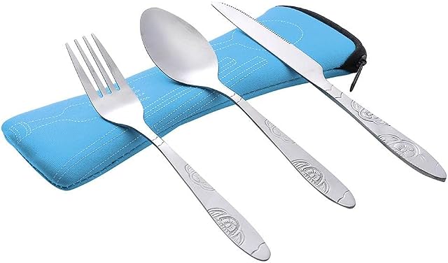 3 Pieces Stainless Steel Flatware Set, Knife Fork Spoon Set, Travel Camping Cutlery Set with Neoprene Case, Reusable Lunch Box Utensils, Portable Travel Silverware Set