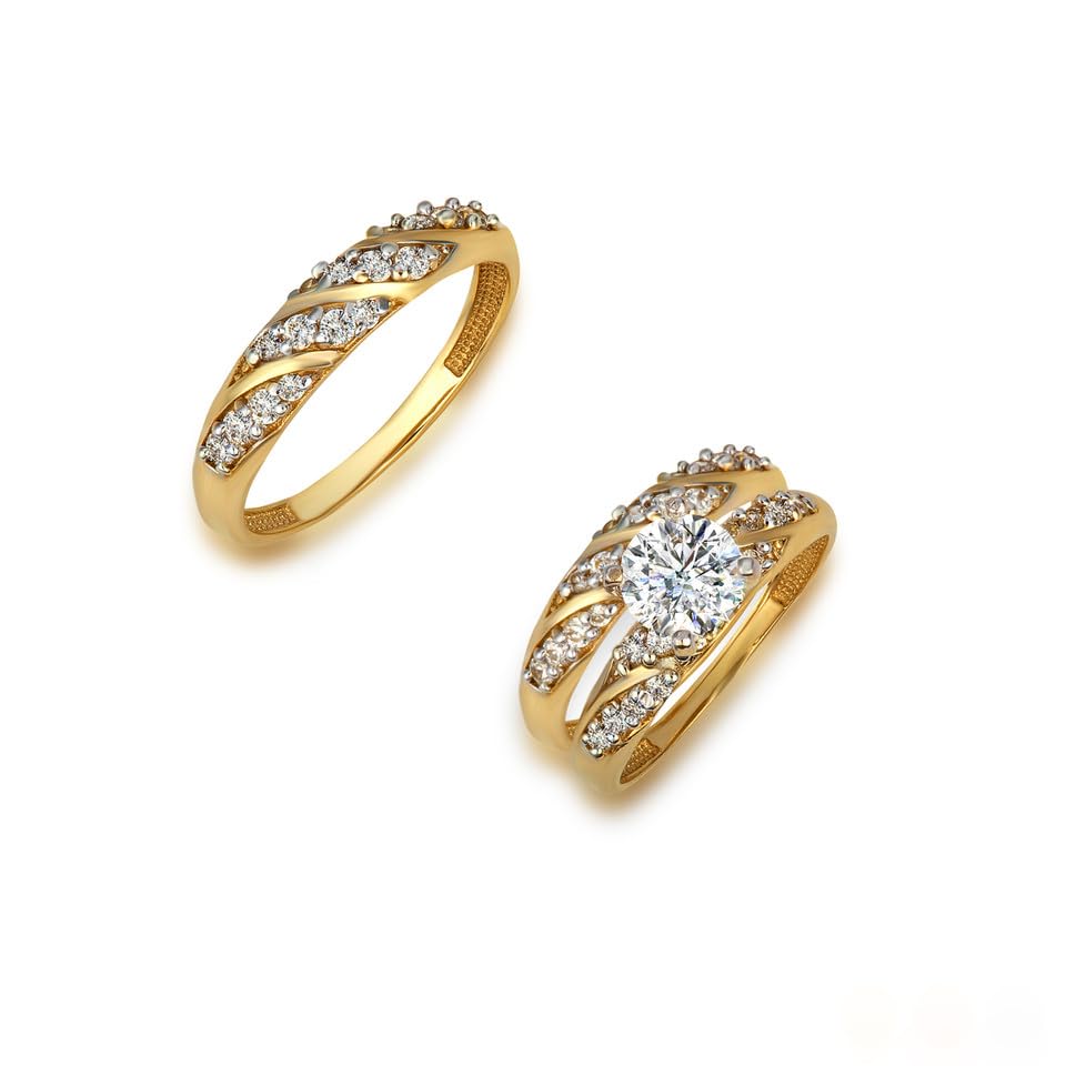 Claddagh Gold 10K and 14K Yellow Gold His & Hers Vintage Wedding Band and Engagement Ring Set Available in multiple ring sizes