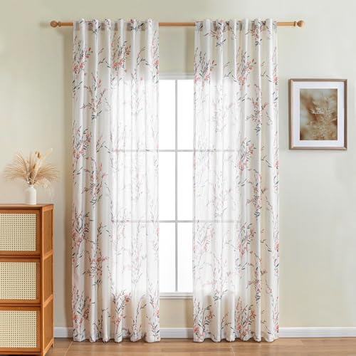 Image of MYSKY HOME Floral Sheer Curtains 84 Inch Long Linen Blended 2 Panels Coral | Bedroom Living /Dining Room Floral Light Filtering Curtains Patterned Privacy Protect Farmhouse Window Treatment 50 inch W