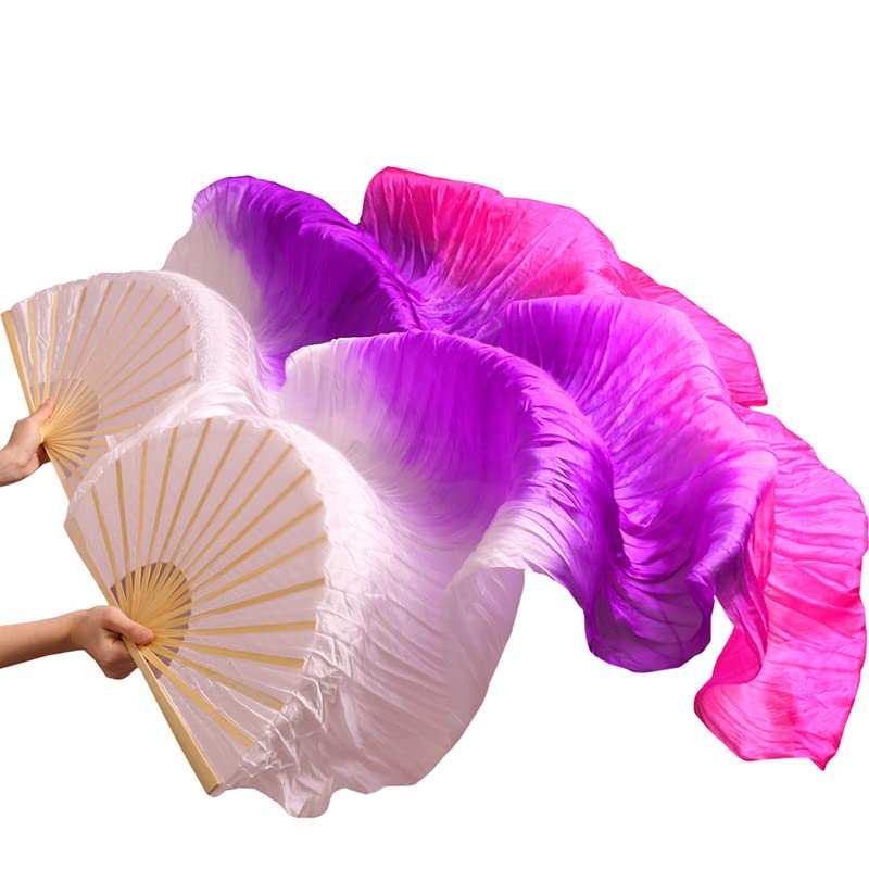 Belly Dance Faux Silk Veil Fans, 1 Pair (Left+Right) Faux Silk Bamboo Long Fans Veils, Handmade Belly Dance Dancing Silk Fans, Dance Performance