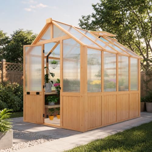 Image of EROMMY 6x8 FT Wooden Greenhouse for Outdoors, Walk-in Greenhouse Kit with 4mm Polycarbonate Panels, Adjustable Roof Vent, Lockable Door, Outdoor Greenhouse for Backyard Garden