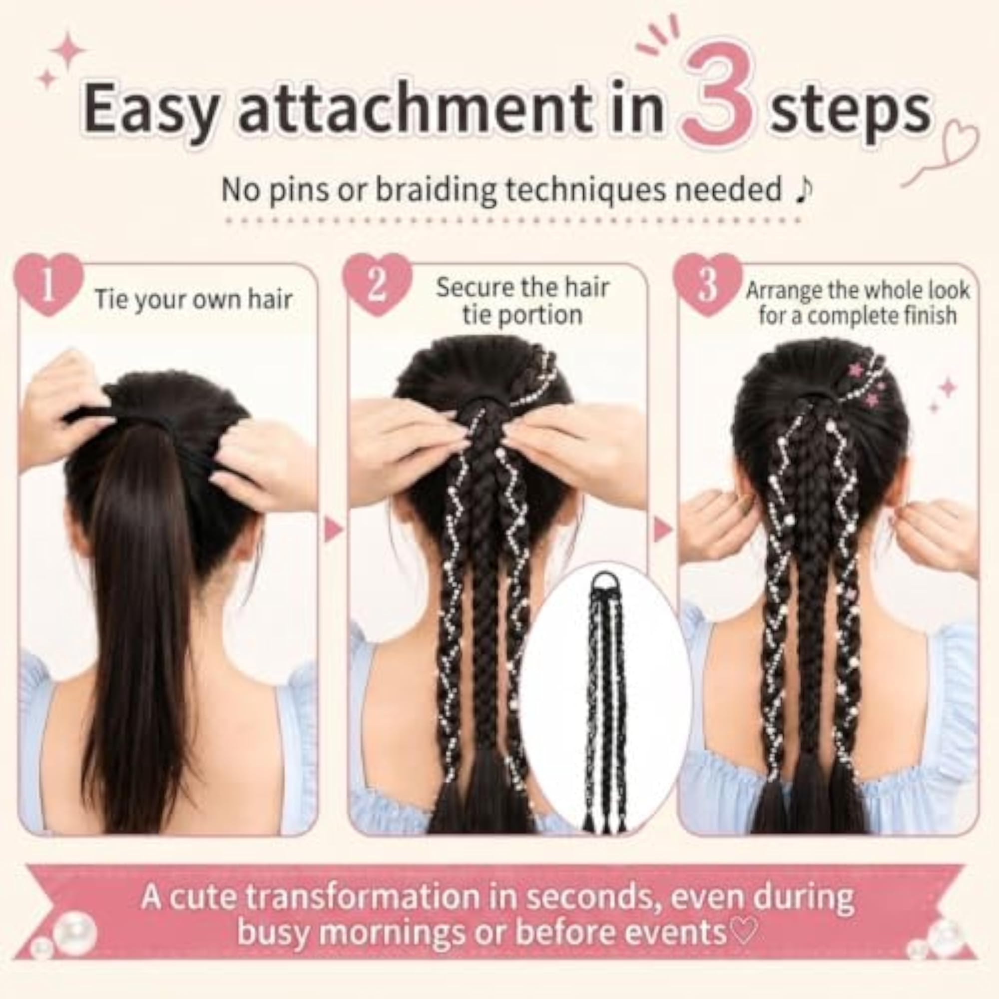 2pc Long Braid Ponytail Extensions, Synthetic Hair, For Women