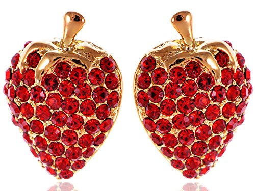 Alilang Sparkly Ruby Red Swarovski Crystal Elements Cute Strawberry Fruit Stem Stud Earrings