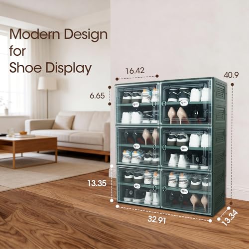 Image of Foldable Shoe Storage Cabinet for 24 Pairs with Magnetic Clear Doors, Portable Enclosed Shoe Organizer, 3-Step Quick Assembly for Entryway, Closet, Garage (2Row 6Tier)