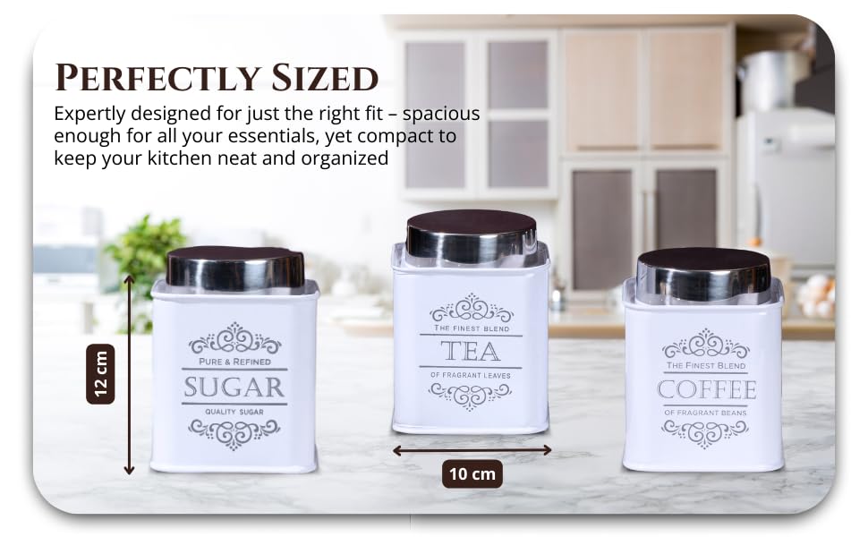 Image of Metallure Home Artisanal Kitchen Storage Jars | Tea, Coffee and Sugar Containers Set of 3 | Airtight Metal Containers for Home | Food Container Set with Secure Lid | Food Safe Kitchen Jar Set (White)