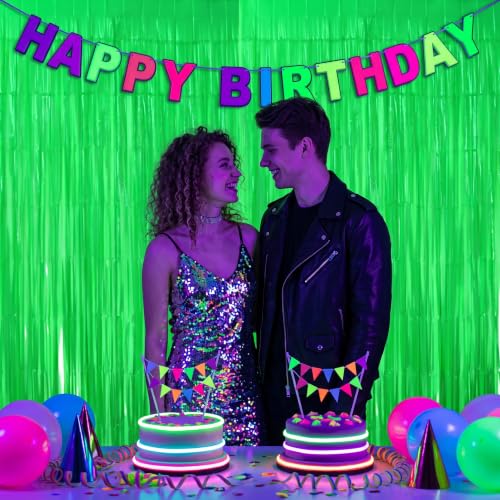 Image of TONIFUL 2Pcs Fluorescent Green Metallic Tinsel Foil Fringe Curtain Streamer | 3.3ftx6.6ft Photo Booth Backdrop Door Streamer Curtain for Black Light Glow Party Birthday Graduation Disco Decorations