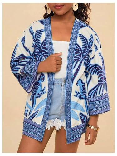 Girl's Graphic Tropical Open Front Swimsuit Cover Up 3/4 Sleeve Cardigan Kimono Beachwear3