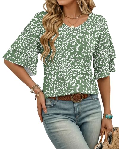 WNEEDU Ruffle Sleeve Ladies T Shirts for Women UK V Neck Short Sleeve Blouses Elegant Smart Loose Flowy Summer Tops Flyleaf Olive L