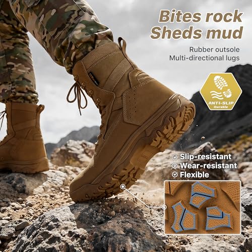 Image of FREE SOLDIER Men's LT Military Tactical 8 inch Daily Work Boots | Durable Leather, Arch Support, All-Day Comfort, Anti-Slip Outsole, For Hiking, Hunting, Outdoor Work