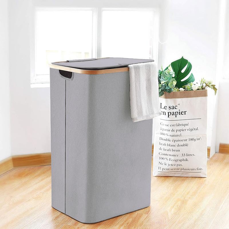 Sponsored Ad - Amazon Brand - Umi Tall Laundry Hamper with Bamboo Frame - 40L x 30W x 60H cm - 80 Liter Fabric Laundry Basket - Stylish Grey Clothes Storage Organizer for Home and Dorms